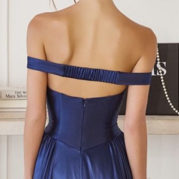 New Navy Off The Shoulder A-Line Bridesmaid Dress w/ Basque Waistline CD T821 - Picture 8 of 9